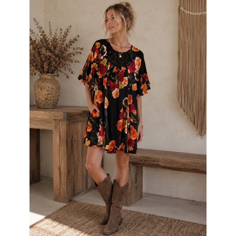 Umgee Off Shoulder Bell Sleeve Floral Mini Dress Size Small Hippie Peasant Gypsy